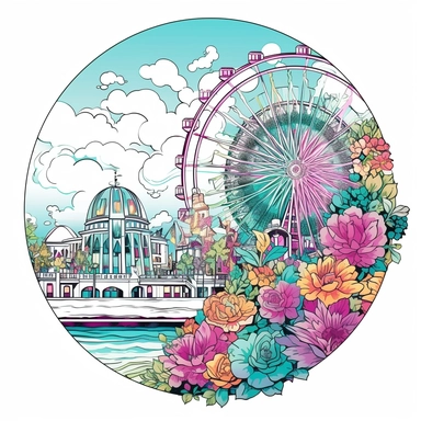 professional high quality clipart oval composition isolated on white background with flowers, vector of New Jersey boardwalk scene with ferris wheel, cotton candy, and art nouveau details, illustrator, flat color, professional clipart, closeup shot, bright pastel color palette of pink, lavender, teal blue, and light orange and pale green, epic composition on white background,