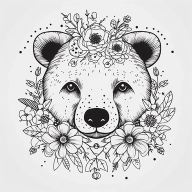 very simple outline of a cute portrait bear with floral on head, clipart, flat 2d vector, very minimalist, black and white, kids cartoon, svg cut file, line art drawing, tattoo design, nursery style