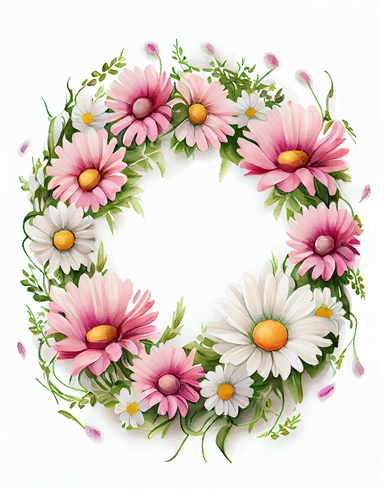 detailed vibrant watercolor baby pink daisy flower wreath with very wide middle white space , isolated on white background, realistic, clipart, high definition