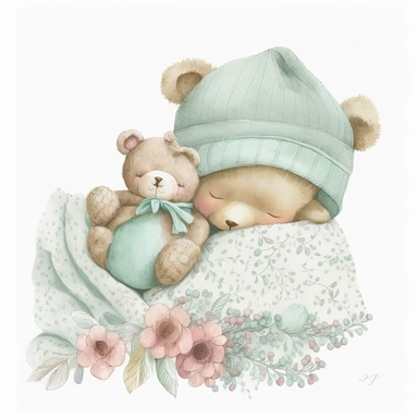 an ultra Cute little newborn baby teddy bear wearing mint green shabby chic floral traditional classic pyjamas and bedtime hat lying on a mint green pillow and blankets watercolour, cute,, bedtime, sleepy, dreamy, isolated on white background, Clipart