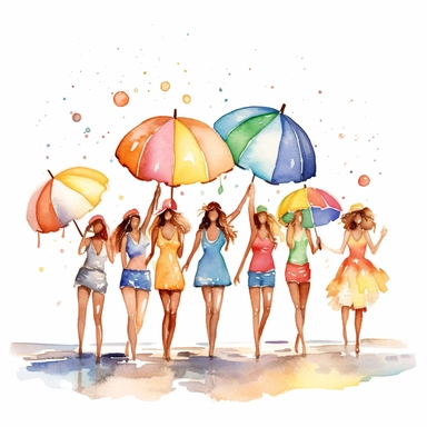 watercolor clipart of a bachelorette party, Depict a beach scene with sun, sand, and a group of friends enjoying beach activities, incorporating beach balls, cocktails, and colorful umbrellas to capture the carefree and lively spirit of a bachelorette party. ,isolated background,