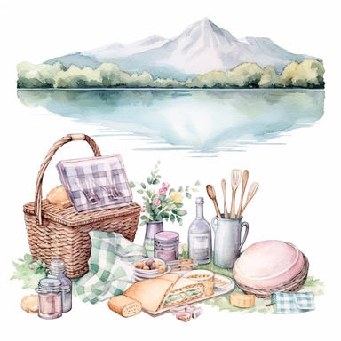 watercolor, hyper realistic, white background, white margins, 16k, ultra detailed clipart, cut out image, hand-drawn a picturesque lakeside picnic scene, with a soft pastel-colored blanket, a basket of treats, and a serene view of the lake. Soft pastel shades inspired by nature, such as pale blue, mint green, lavender, baby pink, and light yellow.