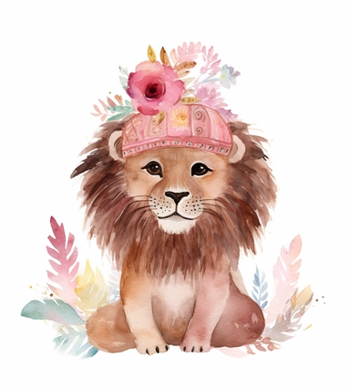 cute lion isolated clipart on white, in the style of whimsical watercolors, colorful costumes, light pink and dark brown, carnivalcore, kushan empire, animated gifs, extravagant table settings