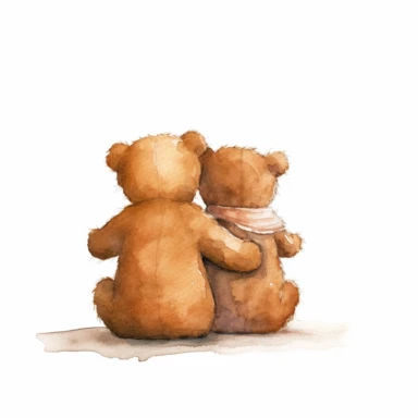 a minimal watercolor clipart of teddy bears leaning on each other, backside, white background
