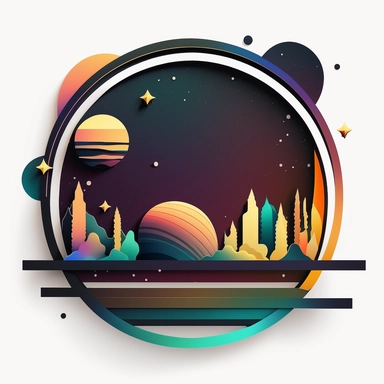 logo, geometric frame, vector, clipart, modern, northern lights, planets, outer space, cartoon, clean lines,