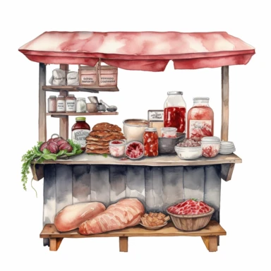 hand drawn ROADSIDE STAND WITH STRAWBERRY JAM AND COUNTRY HAM leg , very detailed and realistic , watercolor, white background with margins, clipart style