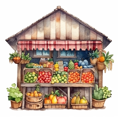 watercolor, cute fruit store, clipart