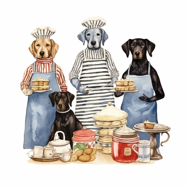 vintage cute dogs baking, wearing clothes, in the style of edward gorey, clipart, white background