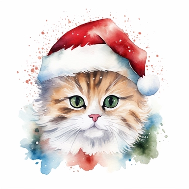 a detailed close up watercolour illustration of a cute kitten face with smiling expressions, wearing a santa hat, clip art, 8k, splash of watercolor christmas colors, white background