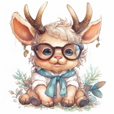 kawaii adorable fantasy baby elk wearing cute glasses, nursery art, clipart image, line art image, white background, inspired by yoshitaka amano art, very detailed, 8k