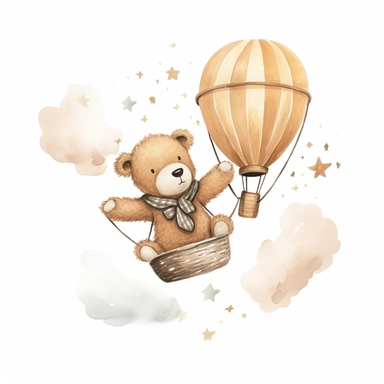 Boho teddy bear clipart for a nursery, light brown tone for a boy, flying past a cloud, solid white background