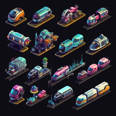 isometric, spritesheet, game assets, futuristic hovering trains, isometric perspective, game sprite, sci-fi, cute, fun, creative, cartoon, clipart, hyper-detailed, black background