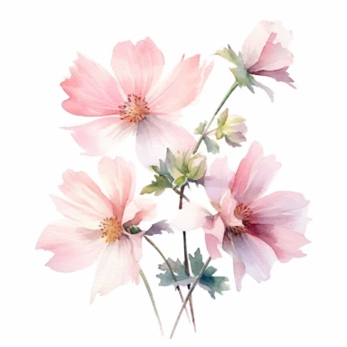 Artistic watercolor depiction of pink flowers gently caressed by a summer breeze, portrayed from a top-down angle, with the play of light and shadow adding depth and a sense of movement, as if the flowers themselves are alive and animated, clipart on a clean white background.