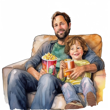 A father and son watching a movie together, sitting on a couch with popcorn, Watercolor, Clipart, detailed, high resolution, transparent background PNG