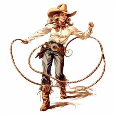 White background, clipart, Cowgirl twirling a lasso with skill and precision.