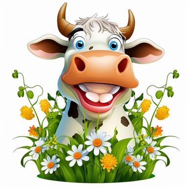 cow with a big smile and happy eyes, surrounded by flowers and green grass with cute cowbell around its neck clipart