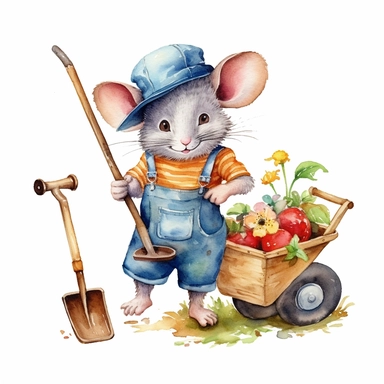 a playful watercolor clipart image with a white background, showcasing an enthusiastic cute cartoon mouse gardener with a straw hat and a wheelbarrow full of gardening tools, ready for a day of work.