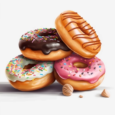 Donut shop clipart, donuts, bagels, white background, hd, spaced out