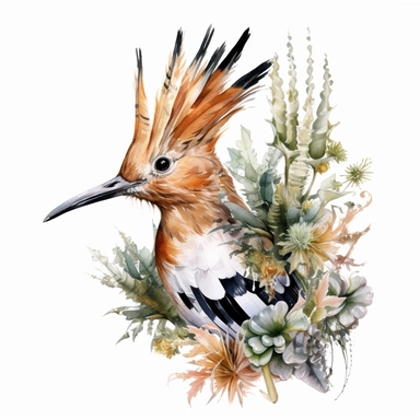 Eurasian hoopoe with plants, watercolor, sharp illustration clipart, insane detail, white background