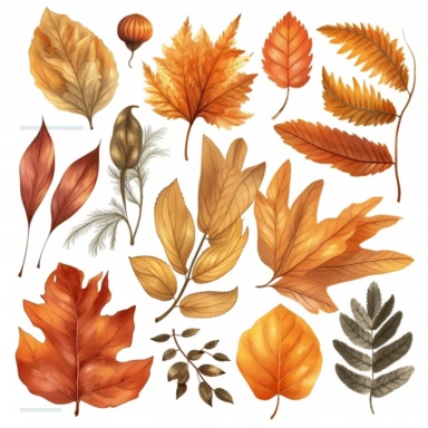 clipart set of different autumn foliage, leaves, plants, detailed vintage oil painting style, elegant, sophisticated, isolated on white background