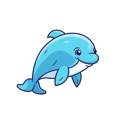 Cute kawaii clipart icon of a dolphin, full body, friendly, anime style, in white background, soft color blending, rounded