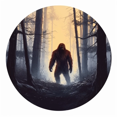 bigfoot in dark woods, painting circular clipart sticker, no mock-up, white background