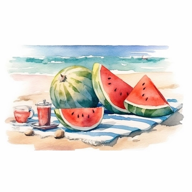 watercolor watermelon picnic on the beach sitting on a beach towel, waves in the background, beautiful, summer, white background, clipart