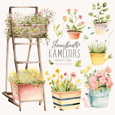 Watercolor Spring Planters Clipart - springtime cute planter boxes and garden ladders