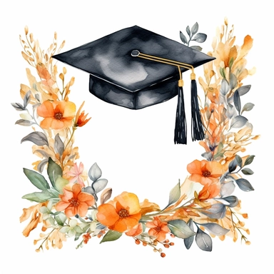 large golden frame with graduation caps and flowers, watercolor style, clipart, painterly touch