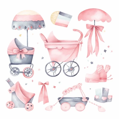 Acuarela recién nacido accesorios para bebés clipart. Clipart de baby shower. Imágenes prediseñadas de decoración de vivero. Cuna para bebés, cochecito, imágenes prediseñadas de pezón.