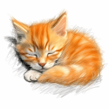 A fuzzy orange kitten, sleeping, color pencil sketch on a white background for clipart