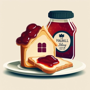 clipart blank background bottle of jam with a house logo next to toast on a plate