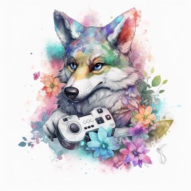 detailed, high-resolution HDR clipart image with a white background of a floral cartoon style gamer wolf watercolor colorful painting art image very cute, adorable, floral, bigeyes, Soffer, cool looking, HDR, high-resolution, shimmering, shining, glittering, beautiful, colourful
