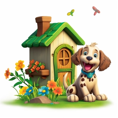 puppy is frolicking in front of a dog house near a tree, green grass, colorful flowers, Fairytale Cartoon Art Style, Full Body Image and Appearance, 3D-Designed Character, in style of clipart with no background