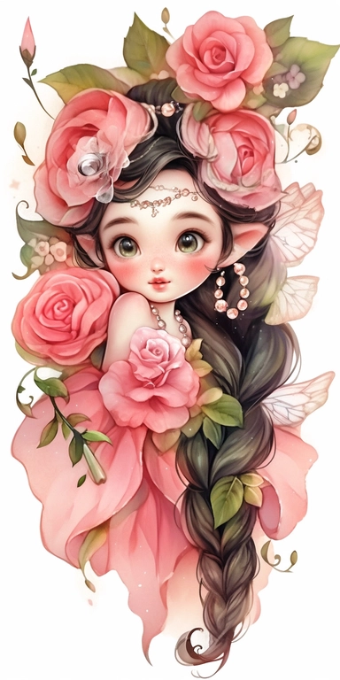 Watercolor beautiful wild roses fantasy forest fairy girl with beautiful face and big eyes with flowers, with smile, chibi kawaii animated style, vivid vibrant colors, intricate detail, hyper detailed, hyper quality, 32K, unreal engine, isolated on white background, kawaii, clipart