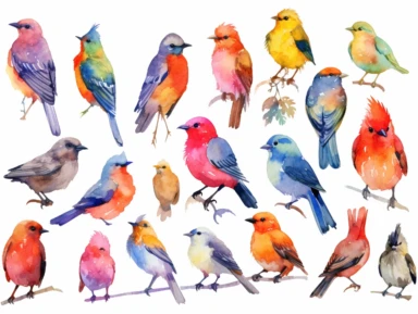 Watercolor clip art on white background, Crowned Birds Clipart, high-resolution image with vibrant and true-to-life colors, isolated