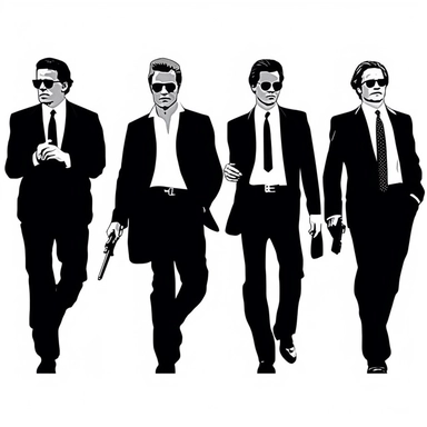 a set of postmodern black line clipart inspired by Reservoir Dogs and Pulp Fiction