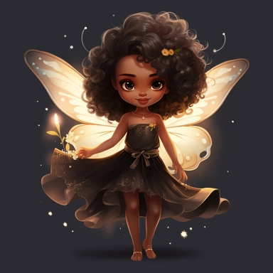 magical black little girl, fairy wings, clipart, disney style