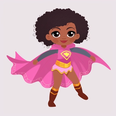 a happy little toddler black GIRL superhero, flying, in pastel colors, flowing cape, with bun hairstyle, smiling, flat style clipart, white background