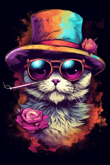 A detailed illustration a Skull of cat wearing expensive sunglasses and very cool, with gentleman hat, smoking cigar, t-shirt design, poker cards around his neck, jewlery on, t-shirt design, in the style of Studio Ghibli, pastel tetradic colors, 3D vector art, cute and quirky, fantasy art, watercolor effect, bokeh, Adobe Illustrator, hand-drawn, digital painting, highly detailed clean, vector image flat white background, isometric, vector image, clipart, front view, retro style, white background