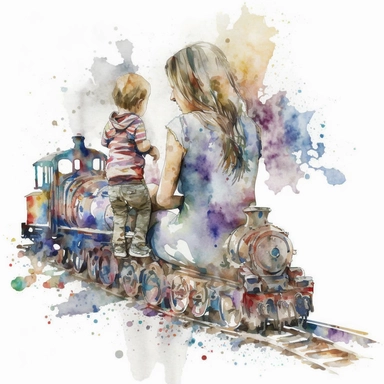 Amazing Mom and Baby playing train Toy, back view in watercolor style clipart, use darker tones, higher saturation colors, watercolor clip art with splashes and drips, super creative watercolor, white background