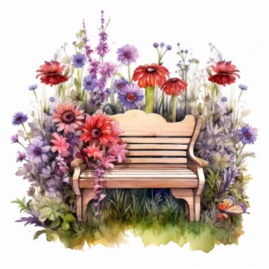 boho, hippy, highly detailed watercolor clipart, garden bench, red and purple wild flowers, fantasy, highly detailed, fantasy cartoon illustration whimsical, UHD, 8K, 3D, solid white background