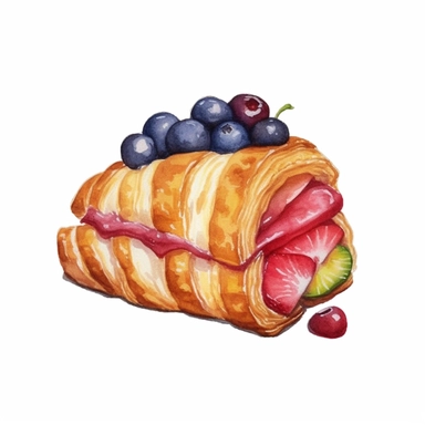 Danish pastry with fruit filling, watercolor illustration, clipart, sublimation, white background