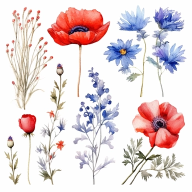 Clipart, beautiful field flowers isolated in blue and red , watercolor paints, isolated objects on white background, digitally rich, beautiful combination, high quality, 8K – q 2 – s 750