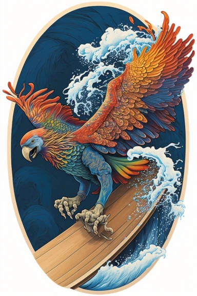 a painting of a standing cartoon macaw riding kanagawa wave on a longboard surfboard, behance contest winner, psychedelic art, paisley, beautiful waves in sea, james jean and clyde caldwell, clipart, hi - fructose art magazine, katherine lam, artgram, marc newsom, sovietwave,