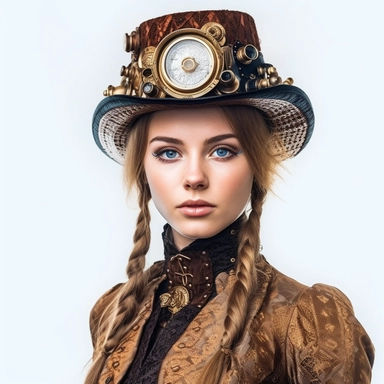 Solid white background. Waist-up portrait of a lovely Victorian steampunk woman, her enticing gaze accompanied by a faint smile. Her ivory skin enhances her classic gold and rust attire, reflecting Victorian aesthetics with steampunk mechanics. Her hat, complete with a built-in clock, adds to her look. The backdrop lacks steampunk elements. Pastel clipart, hyper-realistic, retro-futurism, solid white background