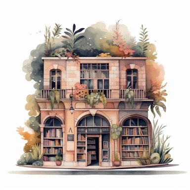 Bookstore,cute bookstor,muted colors,clipart on a white background, an illustration of by Annabel Kidston, shutterstock contest winner, generative art, detailed painting, digital illustration,photoillustration isolated on white background, digital watercolor,dark outline,high quality,8k