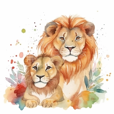 family, baby, lion and lioness,Watercolor Clipart high quality, white background , lion and lioness, cute, love