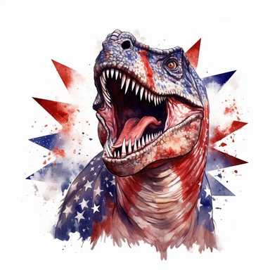 Realistic Dinosaurs illustration, black Giganotosaurus, patriotic pattern, Stars and Stripes, red, white, blue, watercolor, 2d game art, quadratura, clipart, on white background,