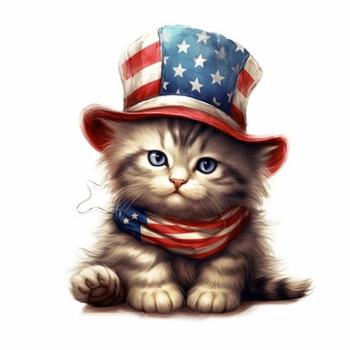 american flag day, clipart, a beautiful cartoonic cat wearing american hat, beautiful, realistic, cute, white background